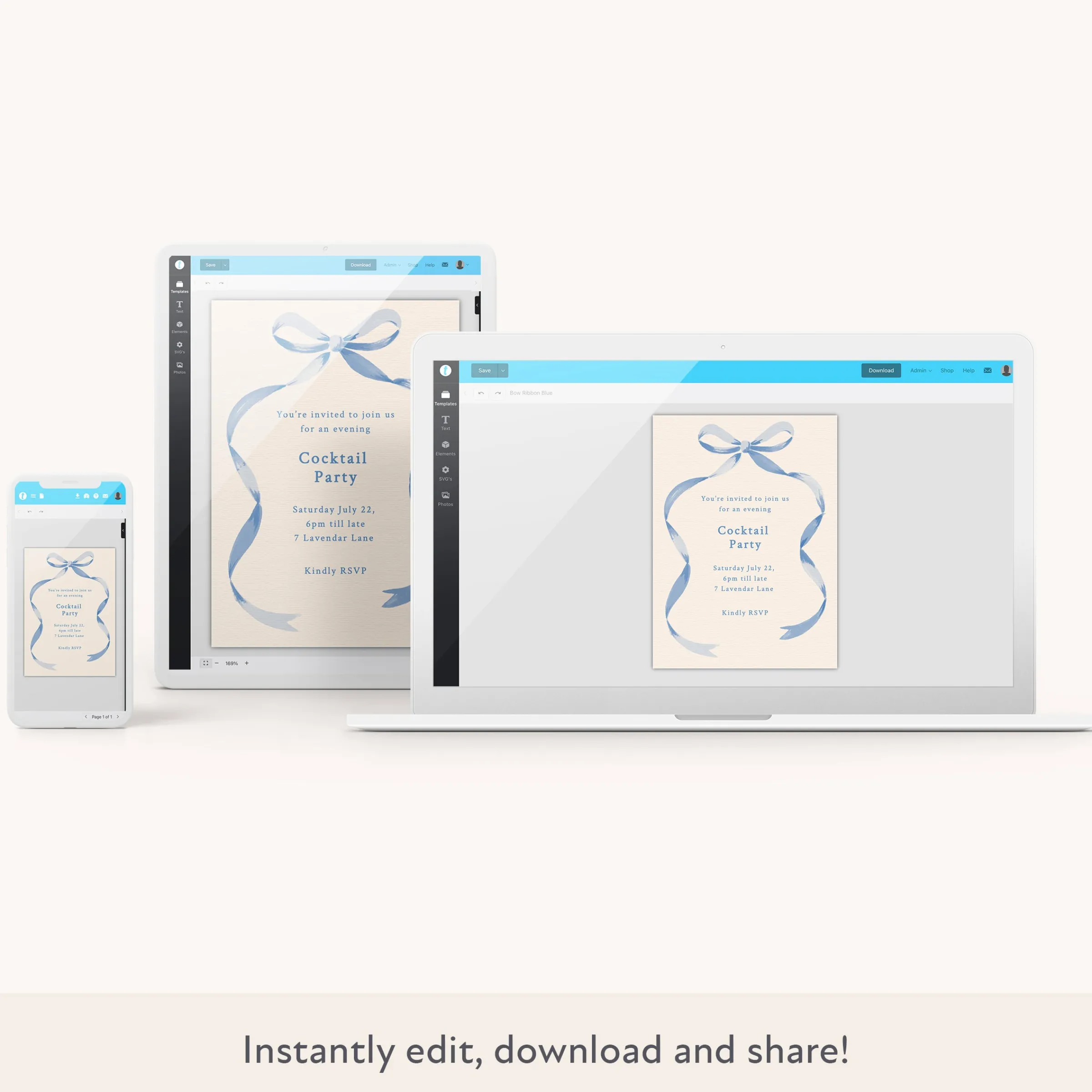 Blue Bow Ribbon Download & Print Invitation>Meri Meri Online