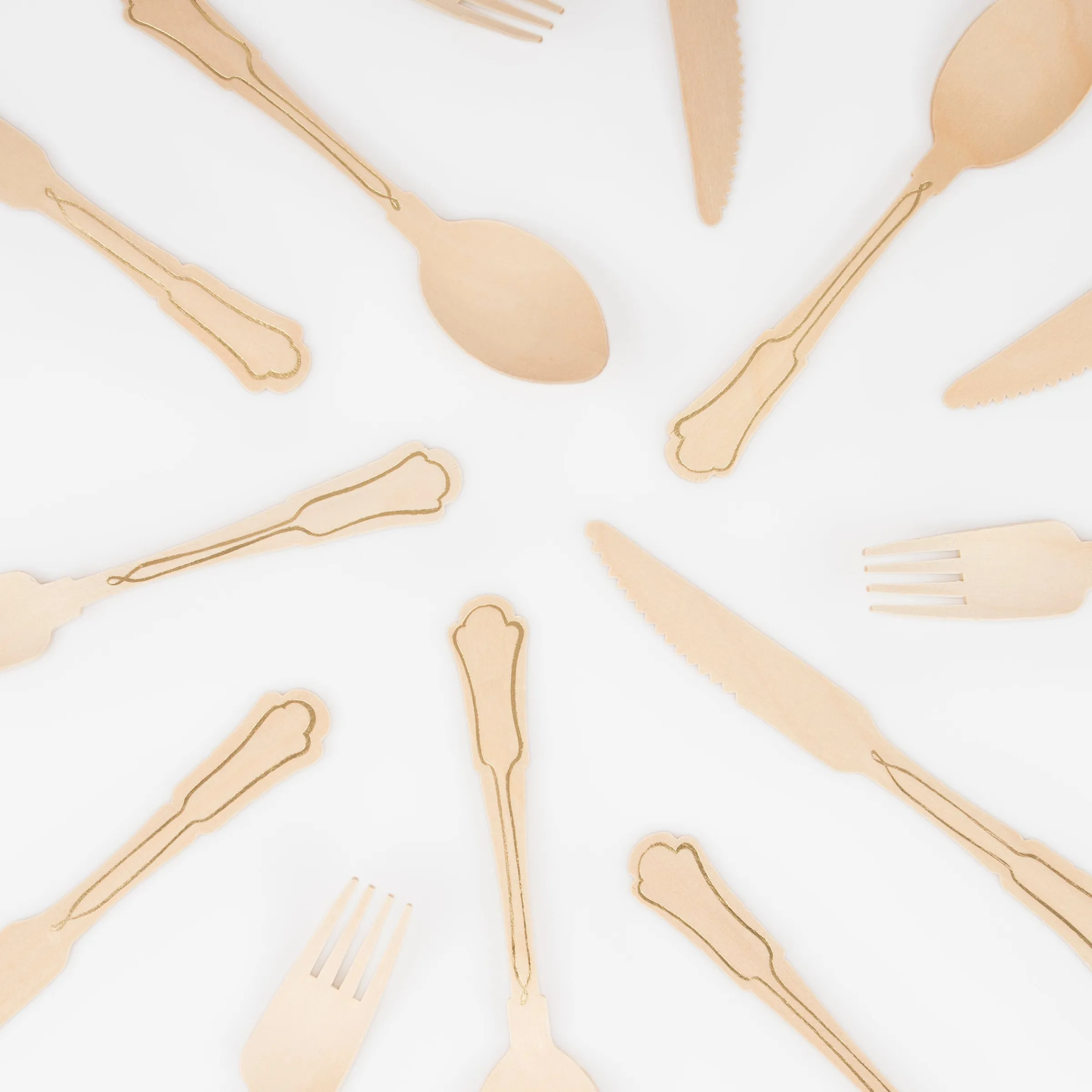 Elegant Gold Foil Detail Wooden Cutlery Set (x 24)>Meri Meri Clearance