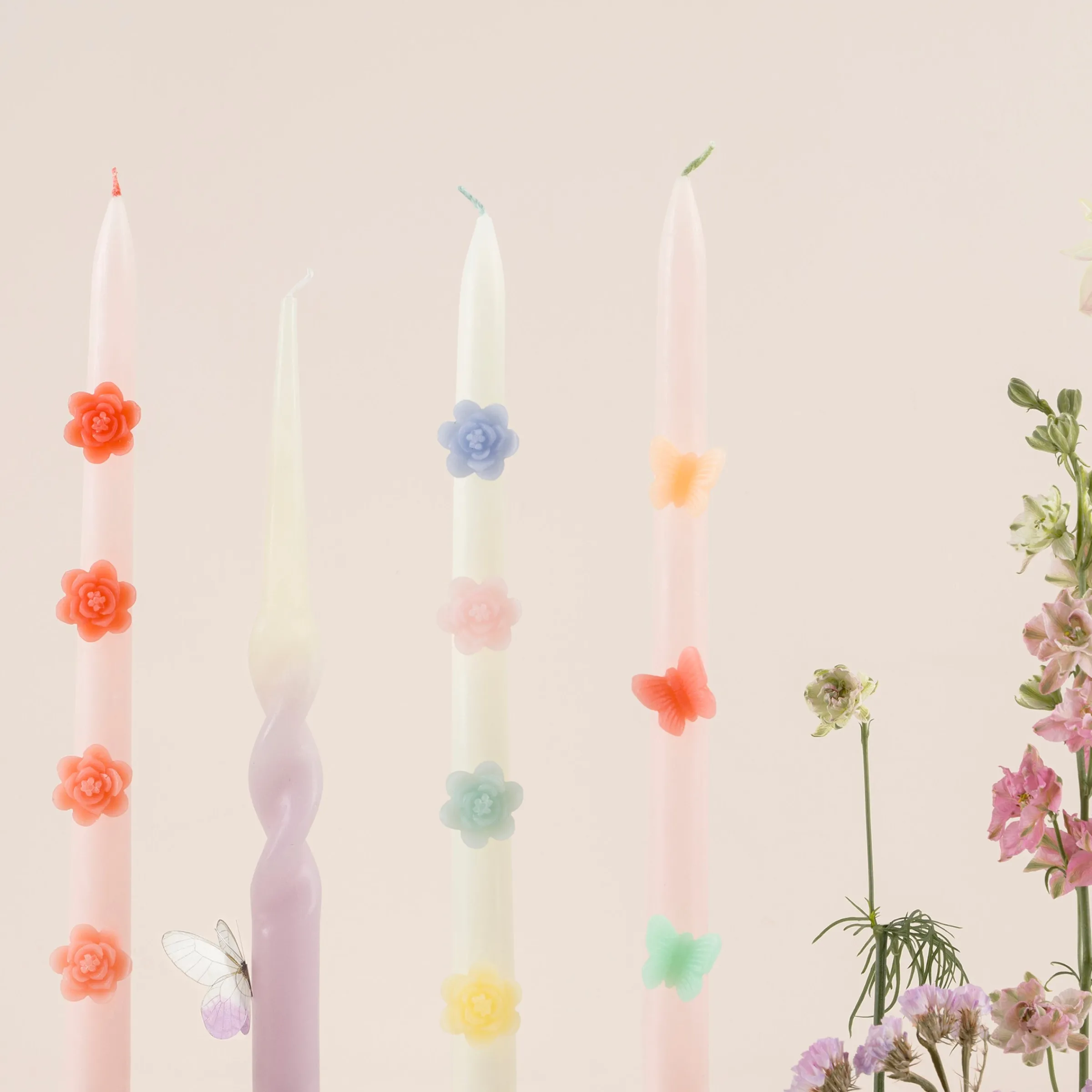 Pink Flower Taper Candles (x 2)>Meri Meri Hot
