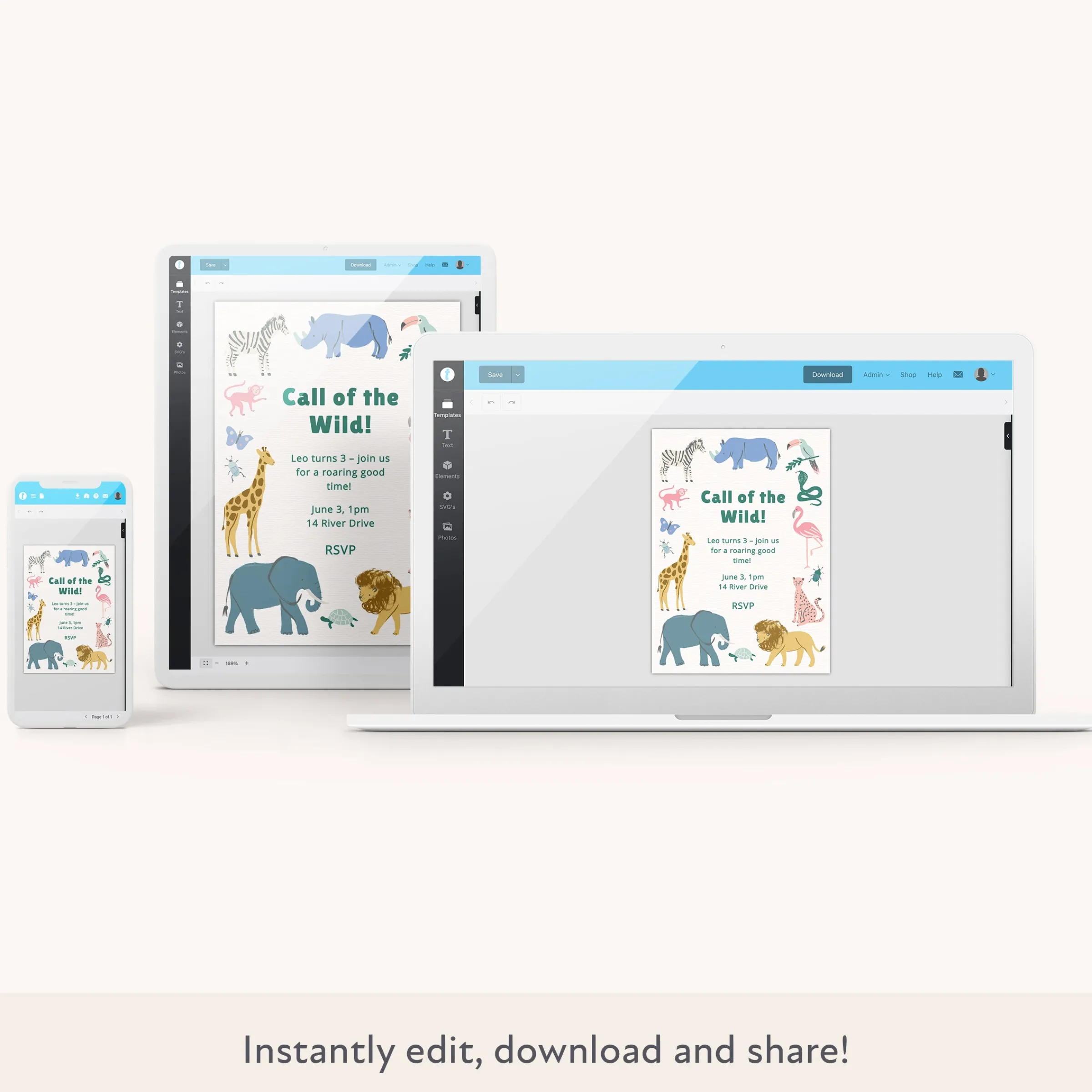 Safari Animals Download & Print Invitation>Meri Meri New