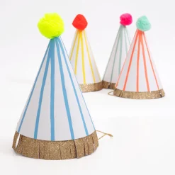Stripe Pompom Party Hats (x 8)><noscript><img width=